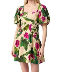 Farm Rio NEW Anthurium Leaves Linen Blend Short-Sleeve Square-Neck Mini Dress